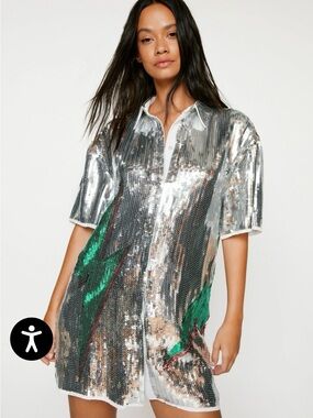 Nasty Gal Silver Sequin Short-Sleeve Shirt with Teal & Red Lightning Motif